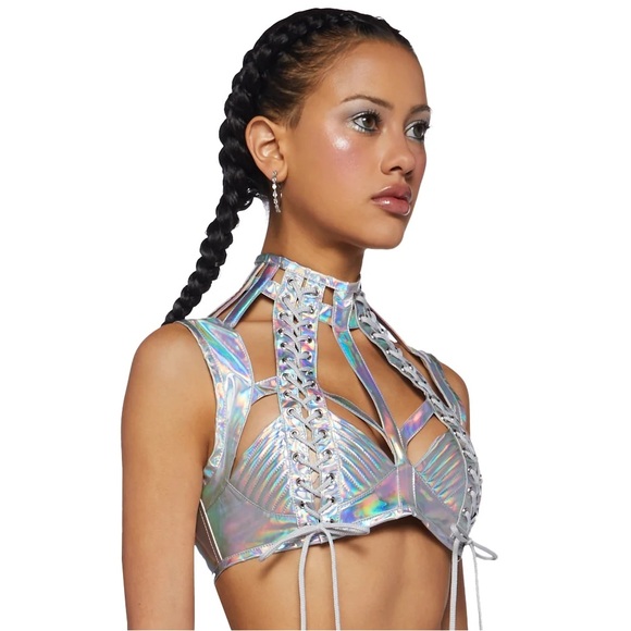 💔SOLD💔 CLUB EXX Rude Awakening Holographic Lace Up Harness Rave Bra Top Silver - Picture 10 of 11